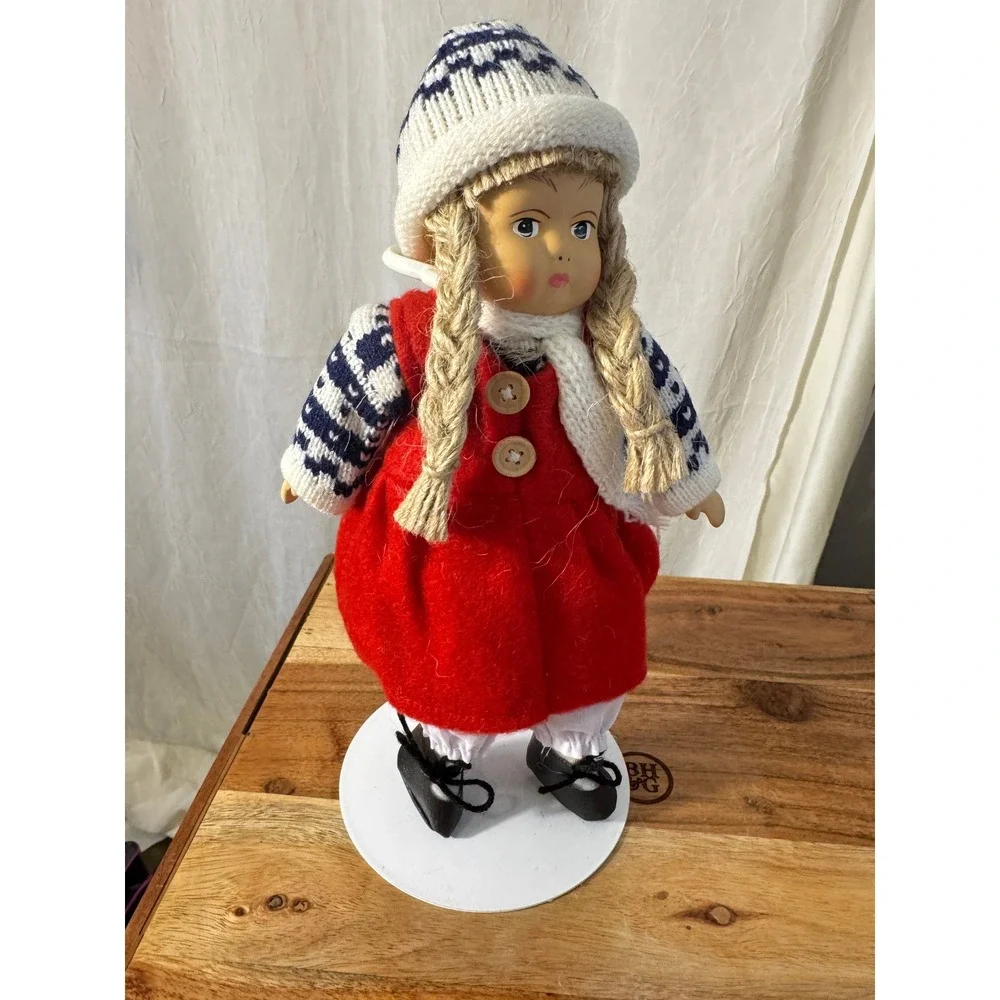 Vtg Bisque Scandinavian Girl Doll Norway Christmas Red Dress Knit Cap Wood Skiis